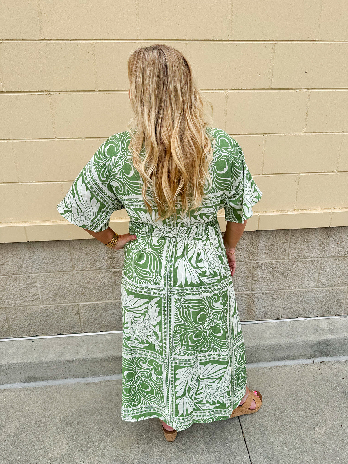 Sunkissed Moment Green and White Pleated Vneck Midi Dress Elastic Waist