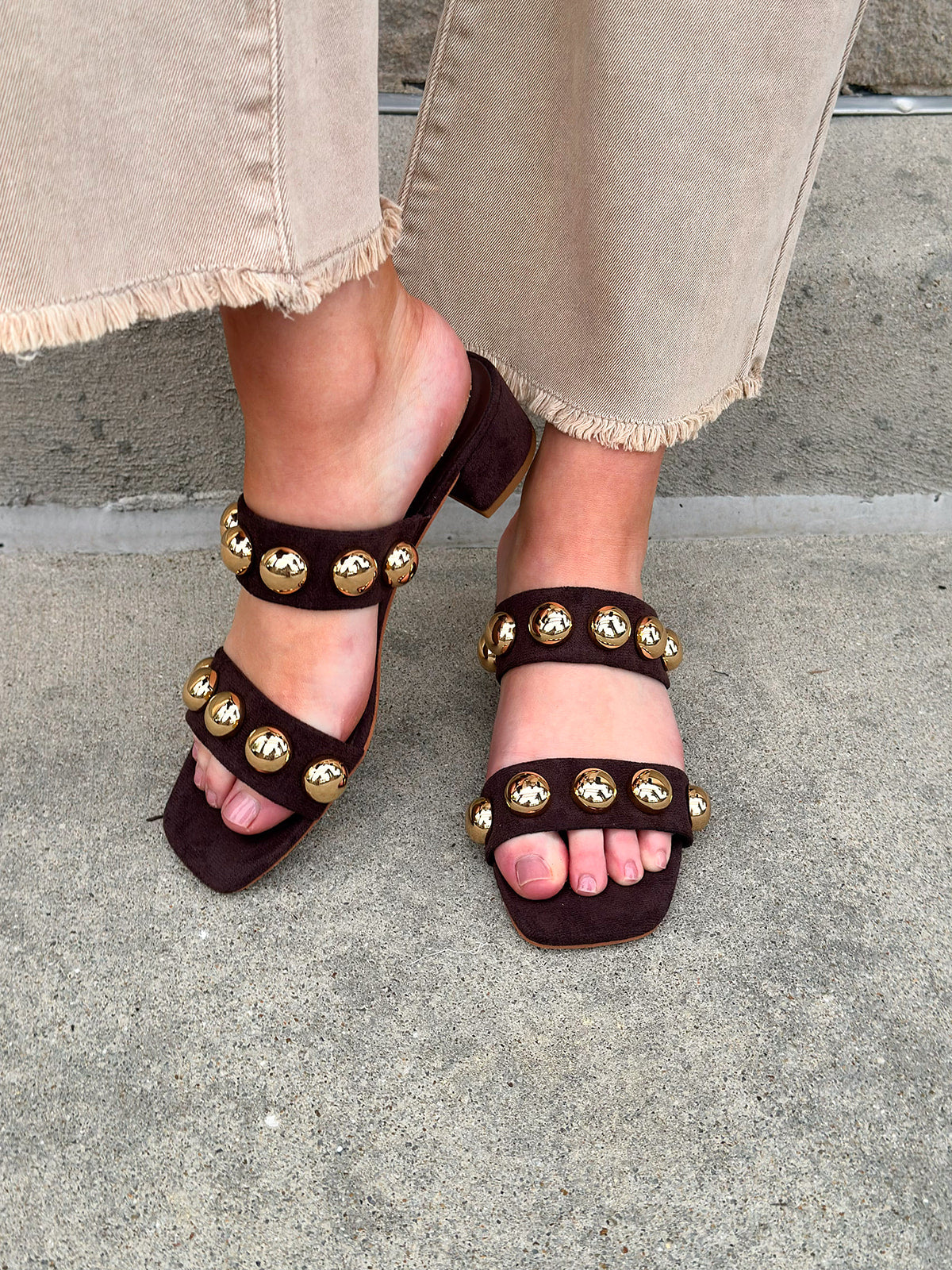 Venus Coffee Block Heel, vegan faux suede two-strap sandal with oversized dome studs and low block heel.