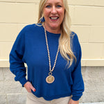 Royal blue viscose sweater with round neck and double front seam detail