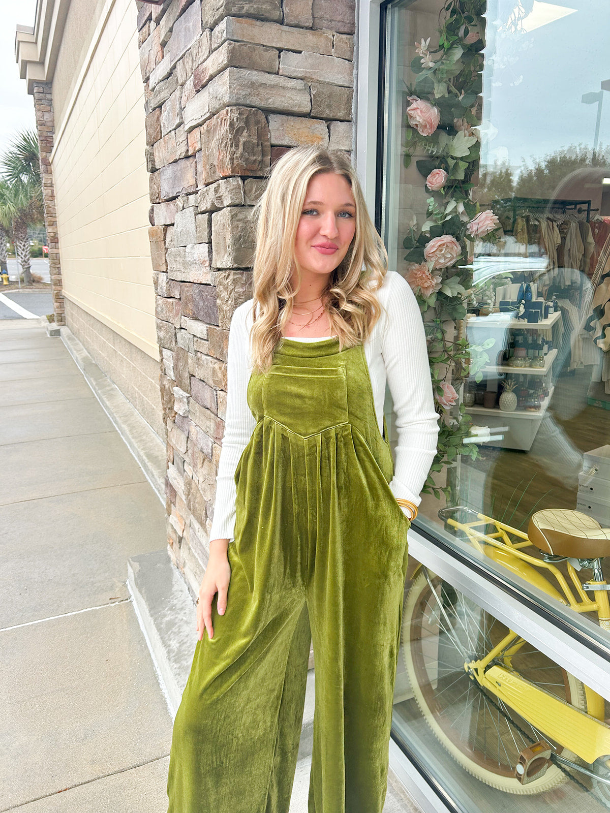 Winter Ridge Velvet Overalls Jumpsuit-Olive