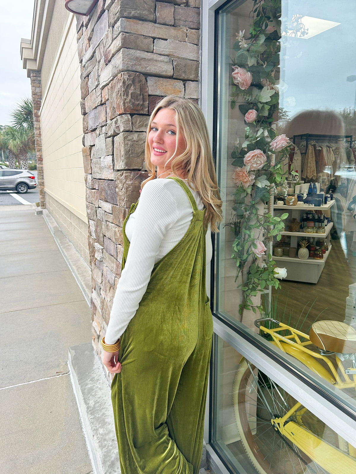 Winter Ridge Velvet Overalls Jumpsuit-Olive