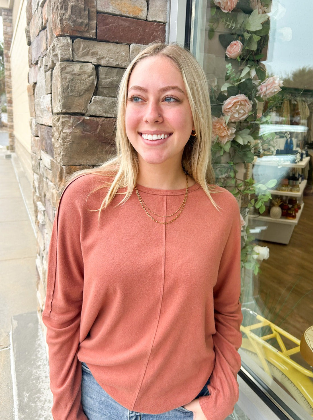 Long Weekend Dolman Sleeve Rust Top | Front View