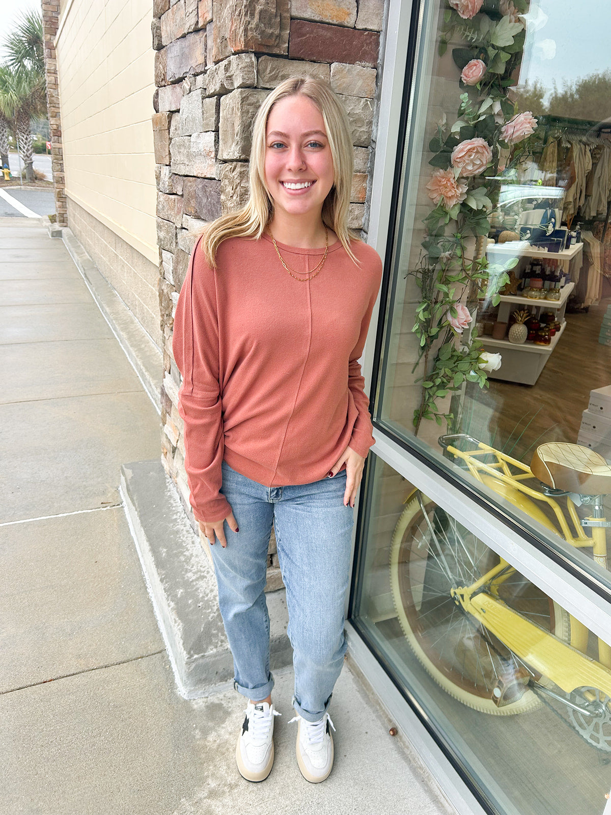Long Weekend Dolman Sleeve Rust Top | Styled View