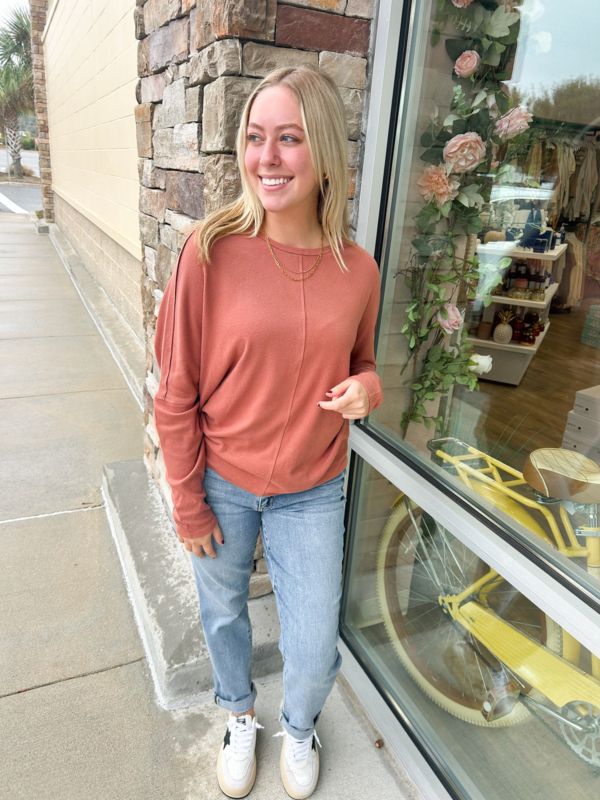 Long Weekend Dolman Sleeve Rust Top | Styled View
