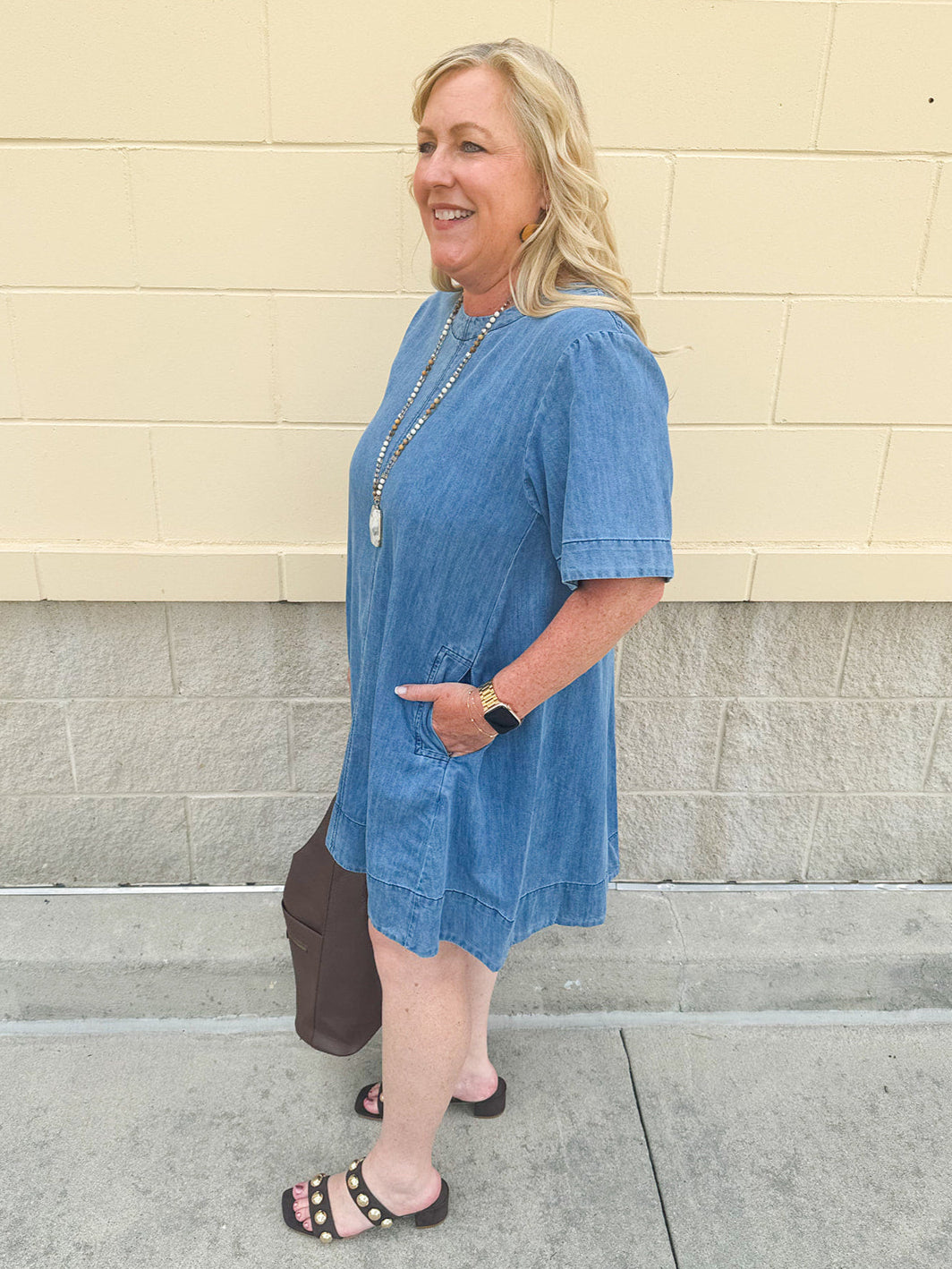 Denim style mini dress, perfect for your next outing.