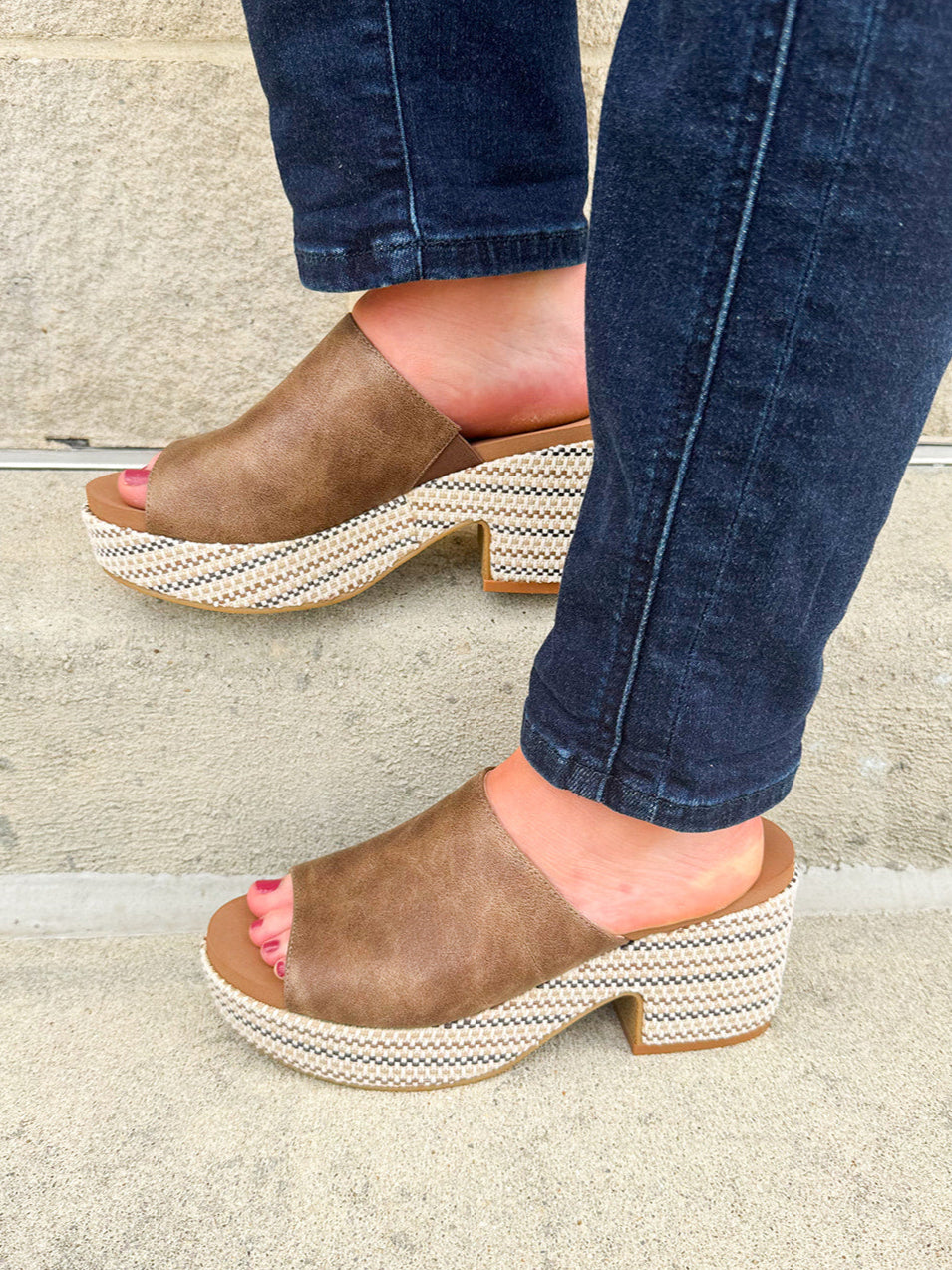 Bronze vegan leather wedge with peep toe, slide-in block heel, and multicolored cork sole
