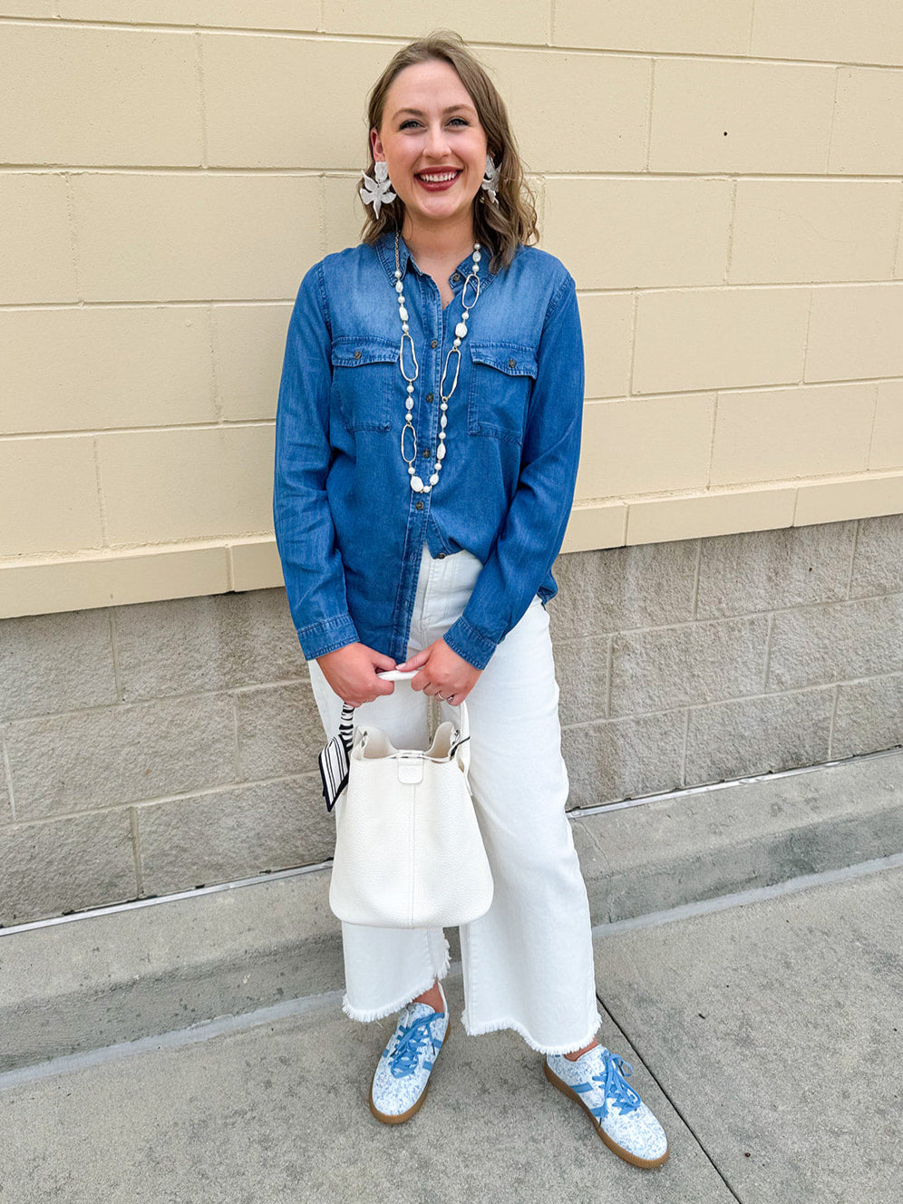 Light chambray button-down shirt with collar and chest pockets