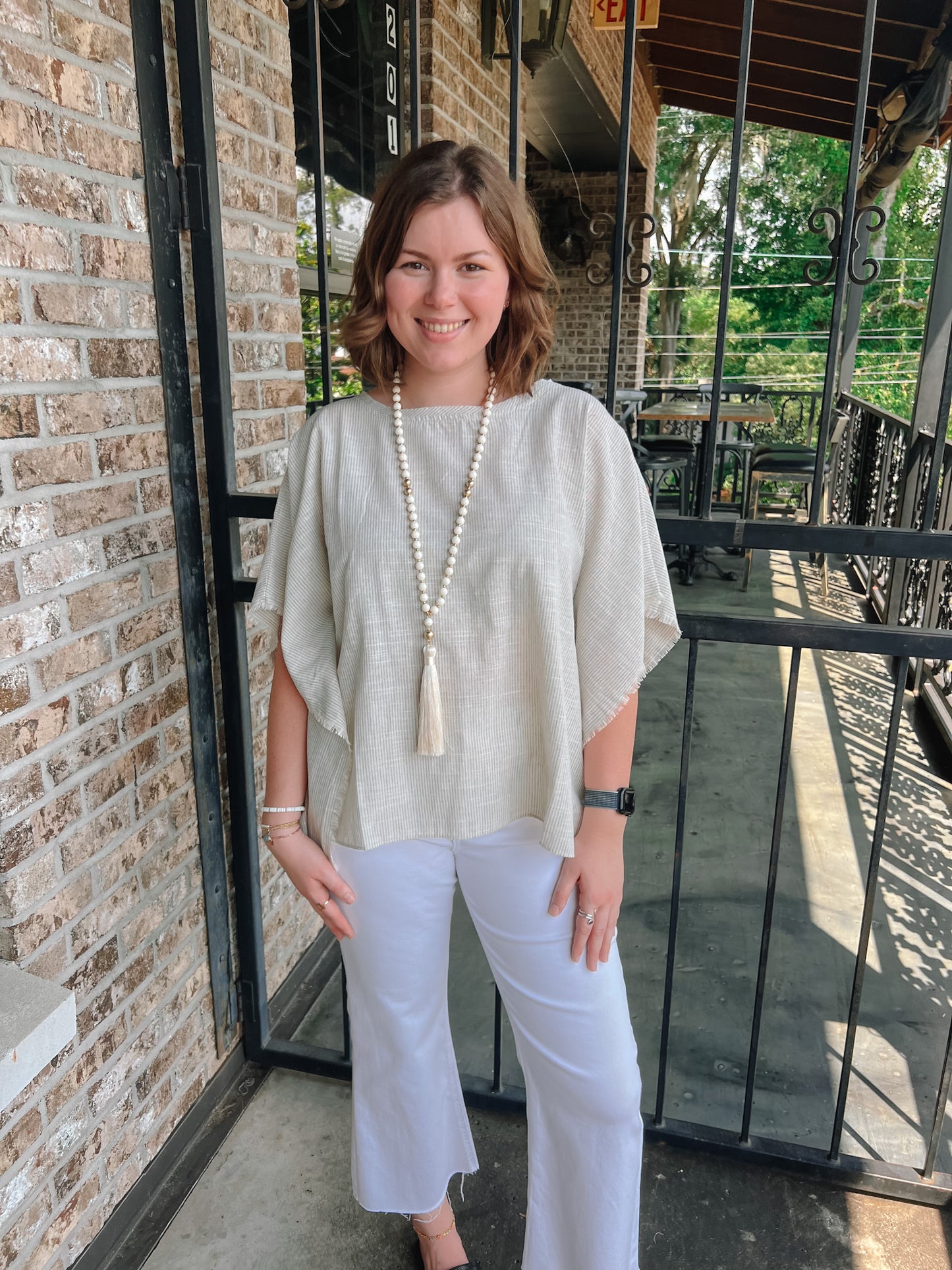 Sure and Steady Fringe Trim Top-Mist | Styled View
