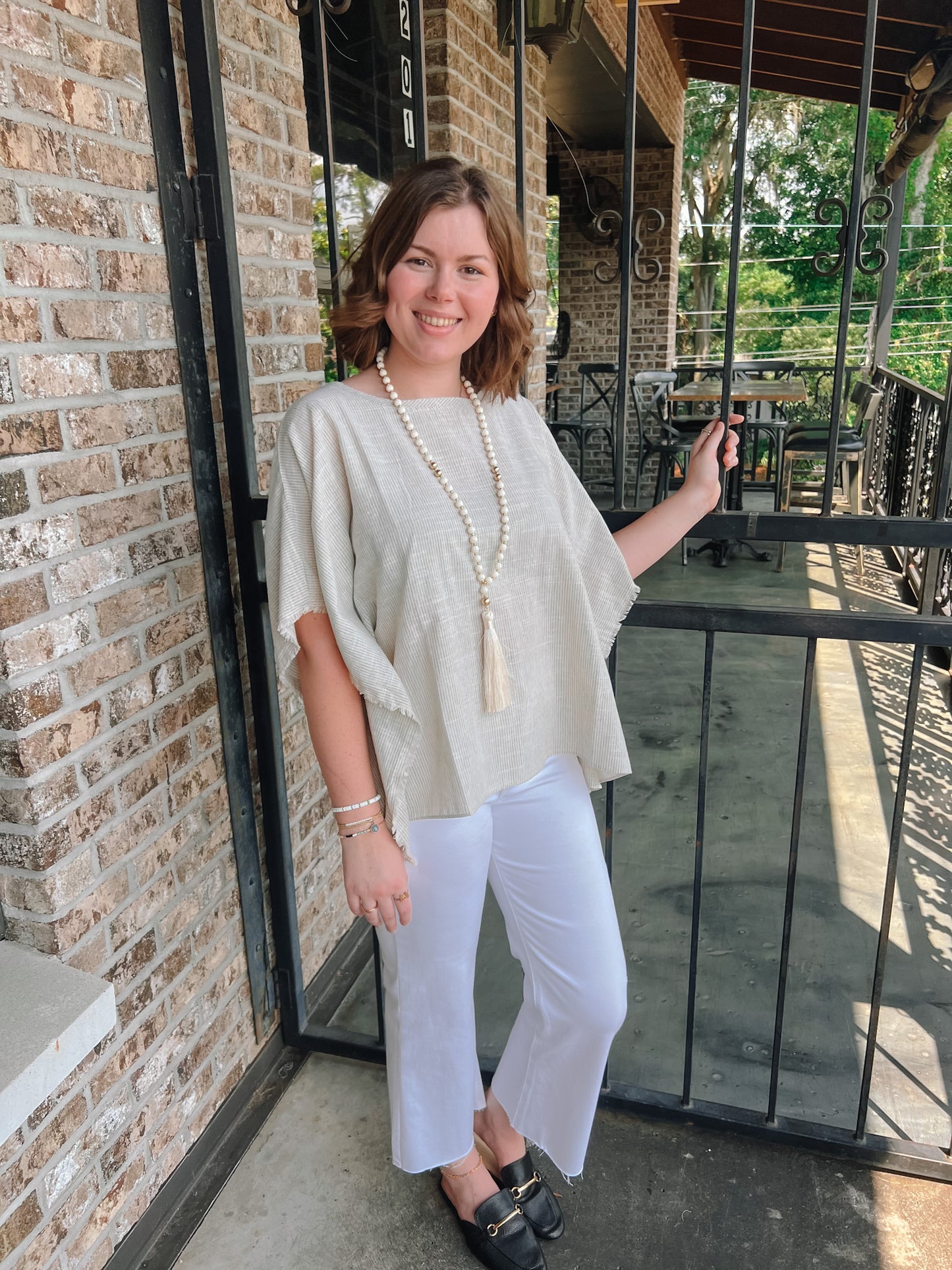 Sure and Steady Fringe Trim Top-Mist | Styled View