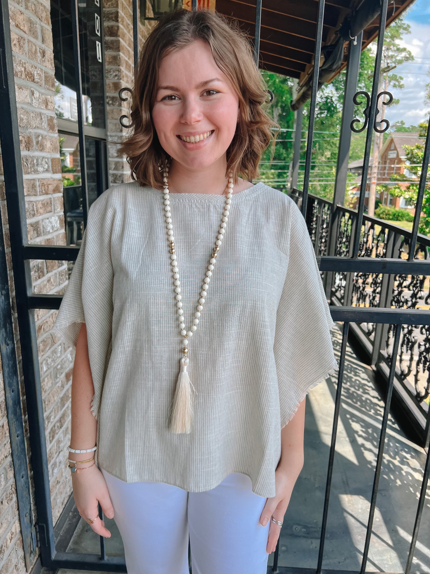Sure and Steady Fringe Trim Top-Mist | Front View