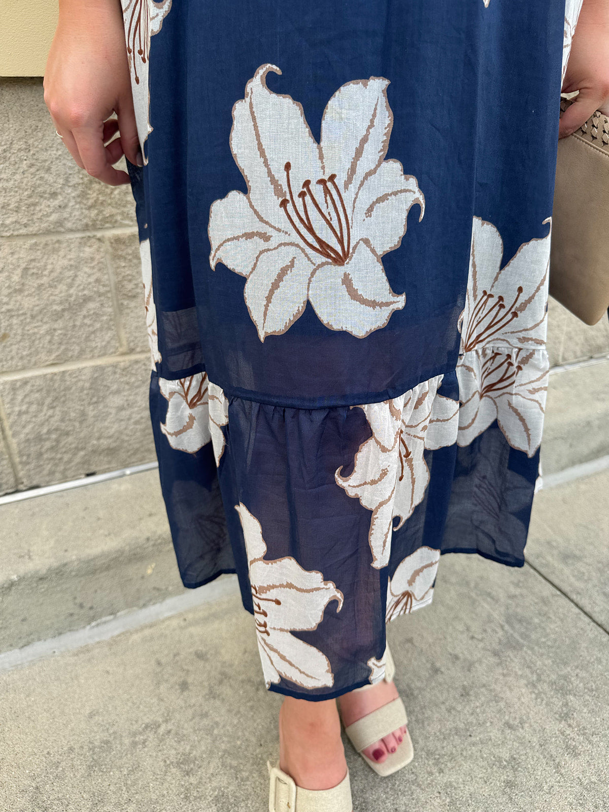 Navy midi dress with white floral details, collar, and 3/4-length sleeves