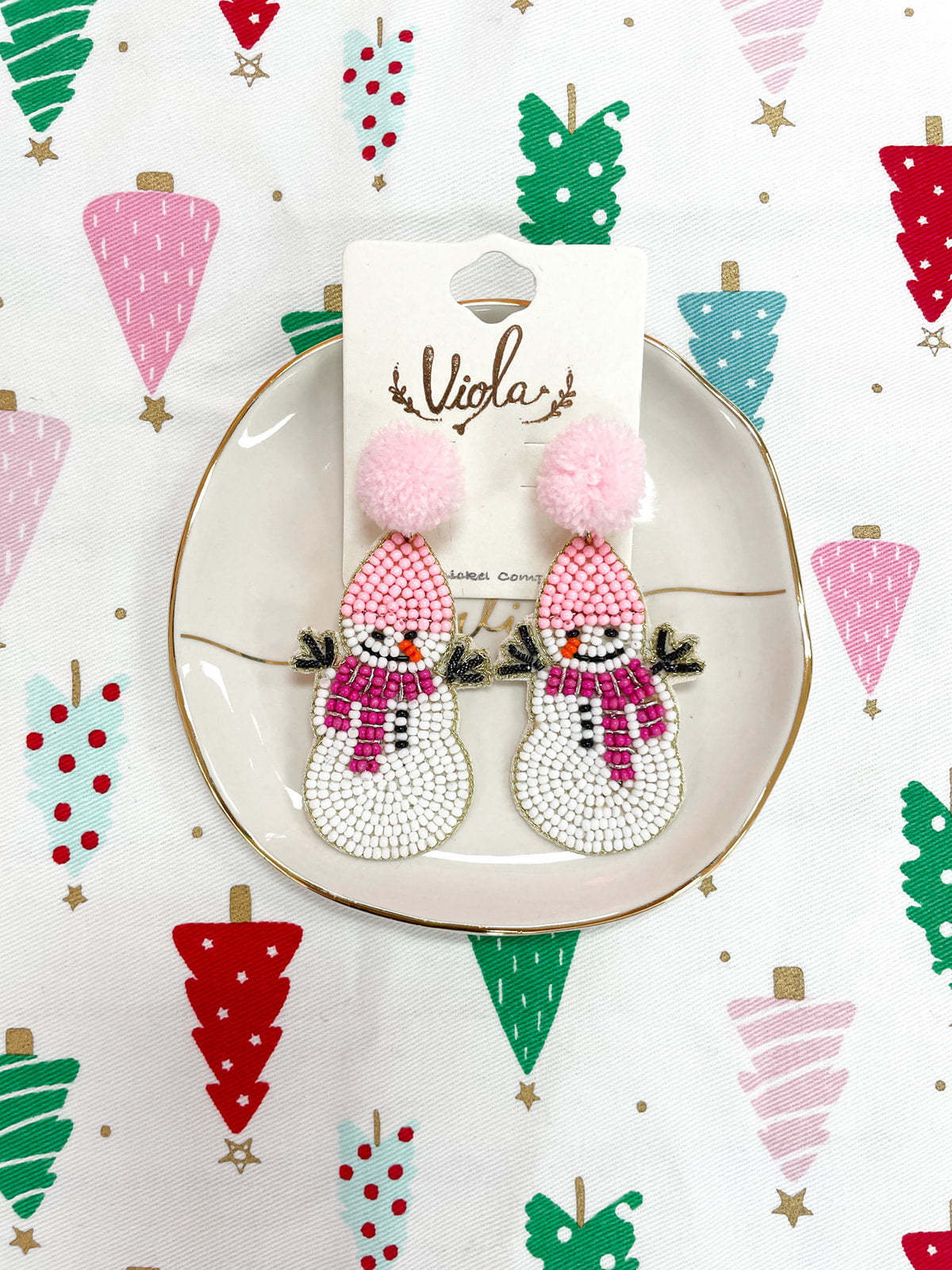 Pom Pom Snowman Christmas Beaded Earrings