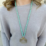 Honeycomb Wooden Beaded Long Necklace in Mint