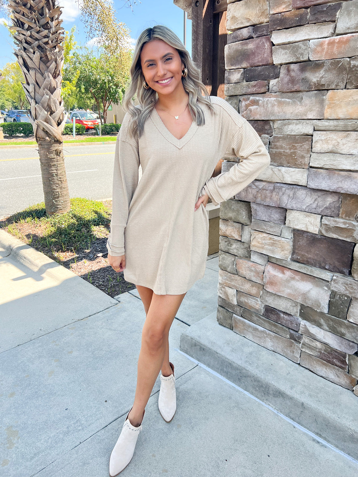 Sweet Truth V-Neck Textured Knit Dress | Front View