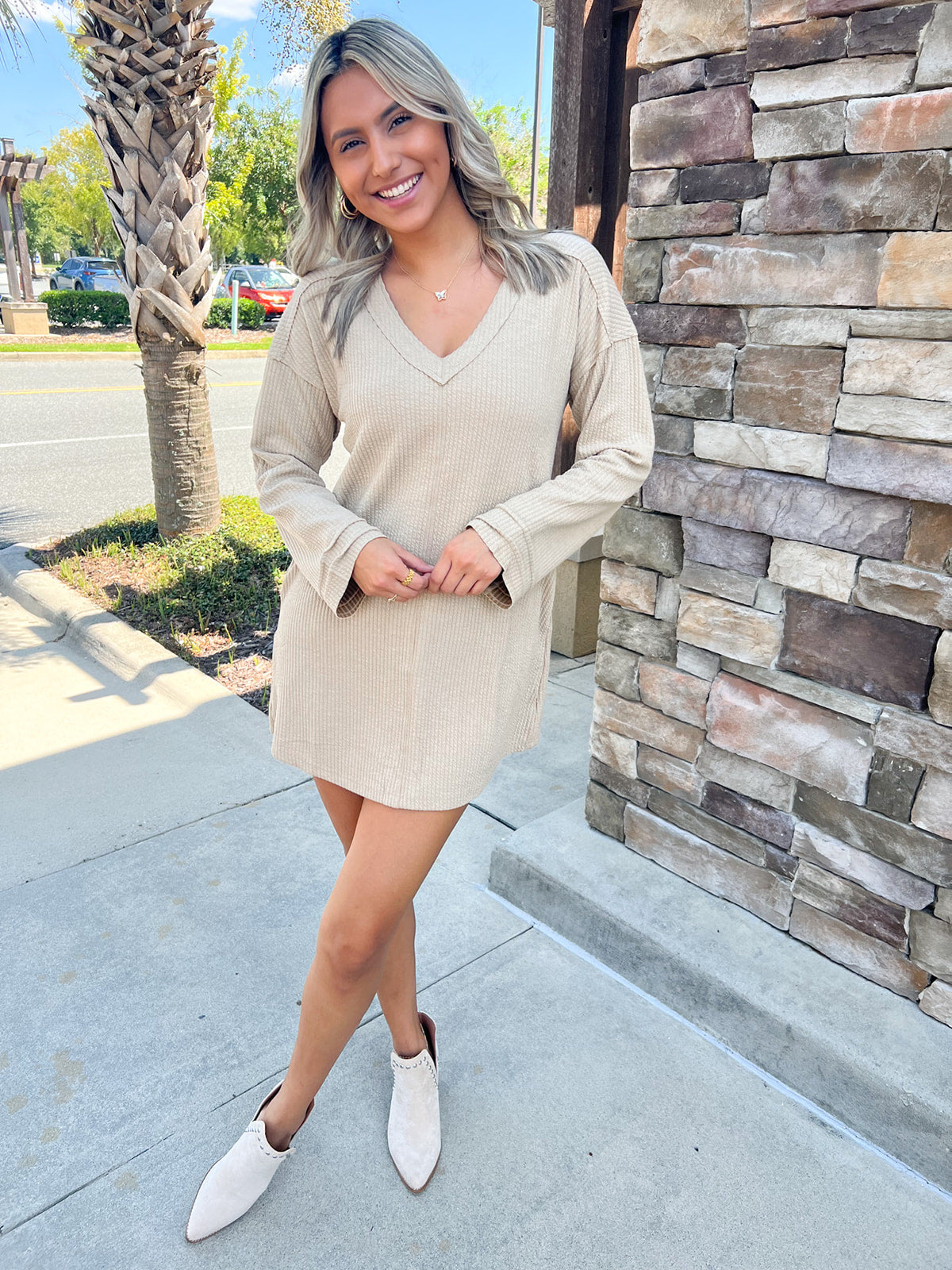 Sweet Truth V-Neck Textured Knit Dress | Front View