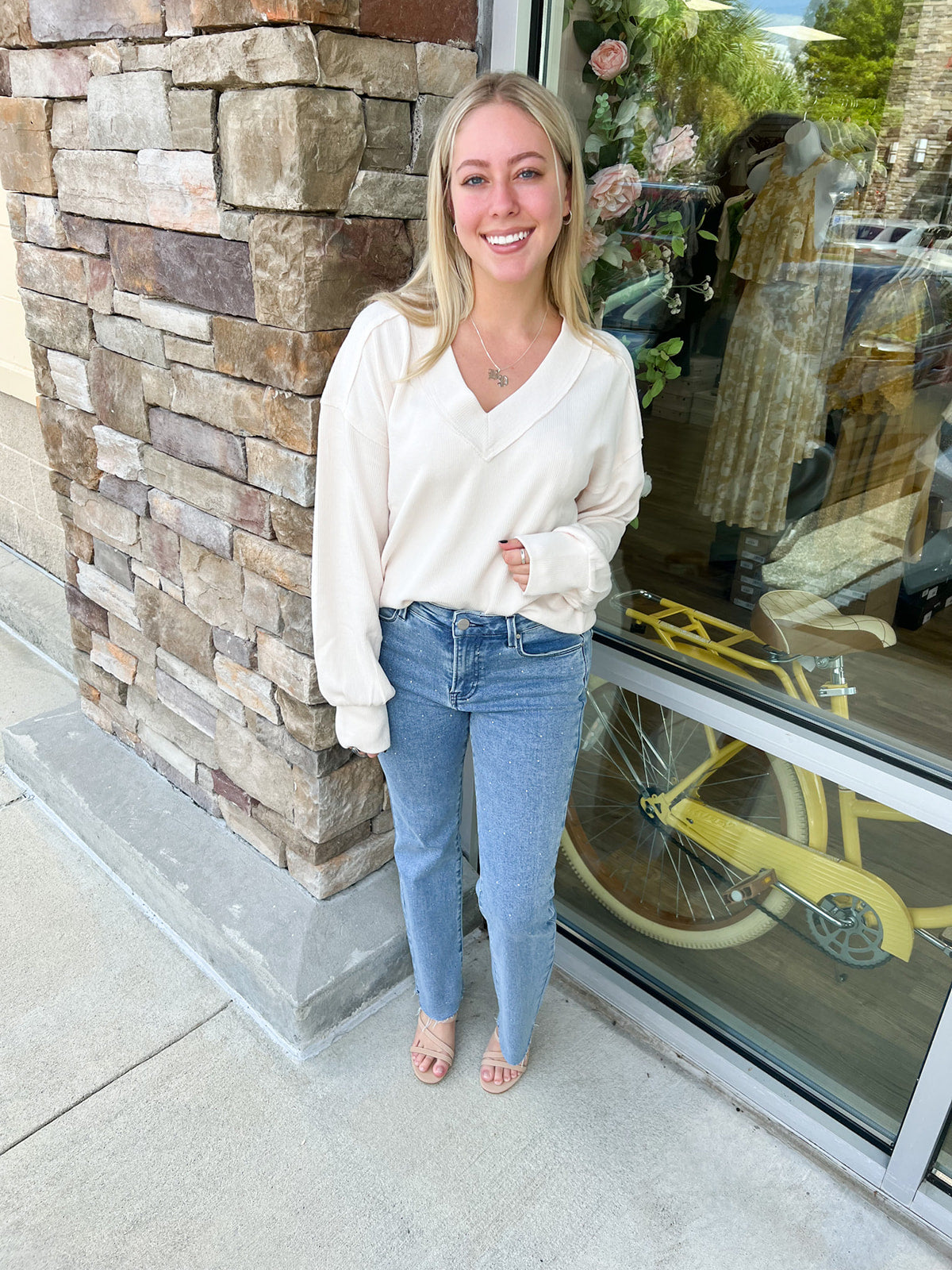 Fall Latte V-Neck Knit Top | Styled View