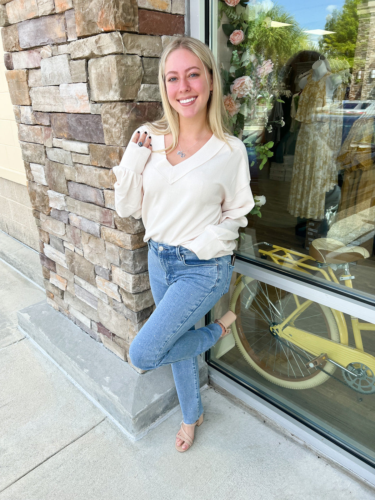 Fall Latte V-Neck Knit Top | Styled View