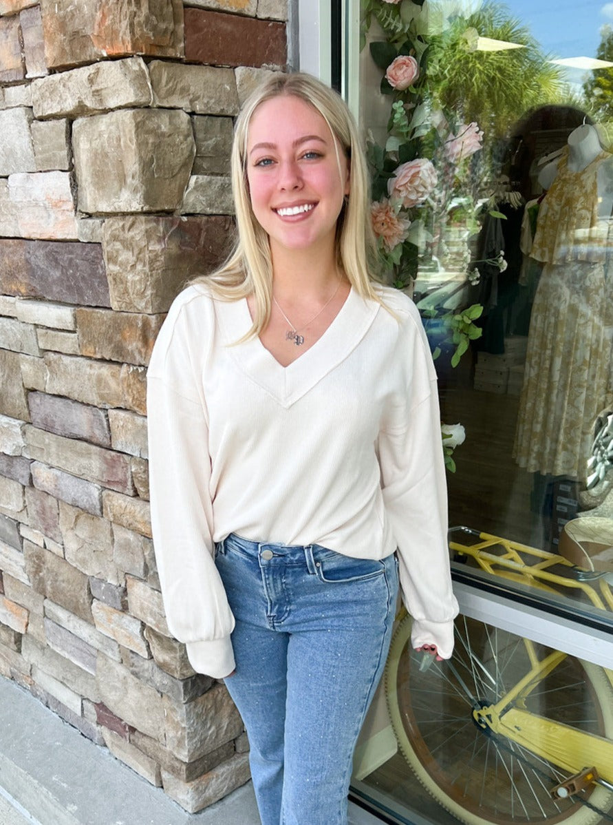 Fall Latte V-Neck Knit Top | Front View