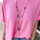 Natural Stone Bead Necklace with Stone Pendant-Pink