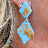 Light blue double diamond drop earrings with gold foil accents