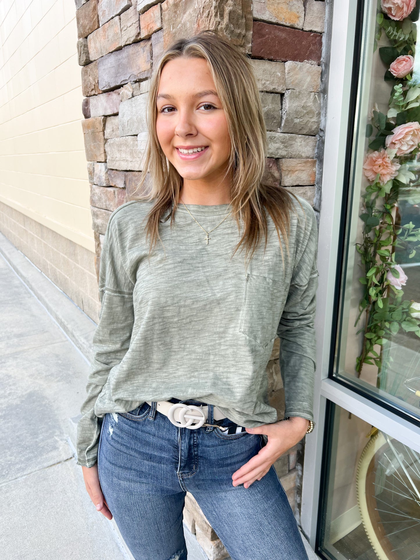 Chilly Morning Oversized Knit Top-Olive | Front View