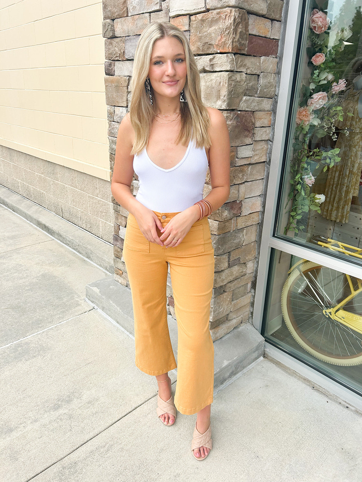 Bonfire Babe Wide Leg Jeans-Gold | Styled View