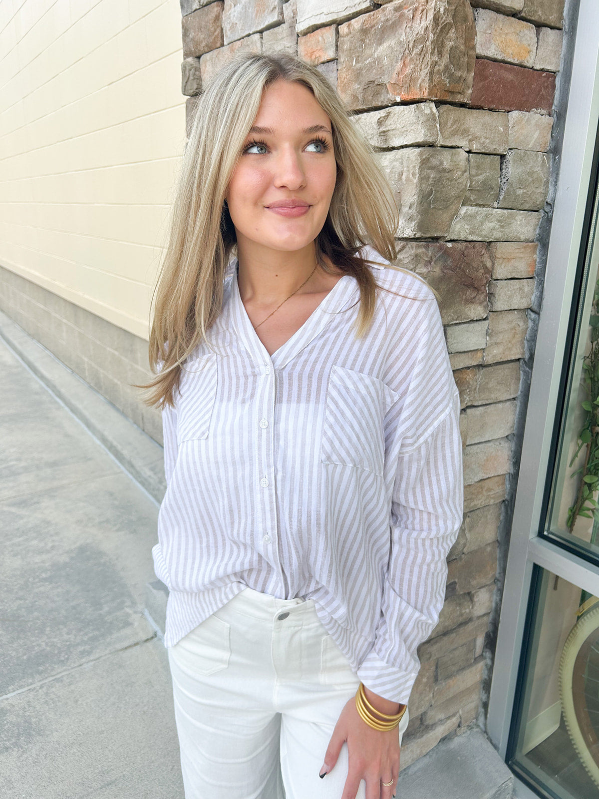 Cool Energy Striped Button Down Top | Front View