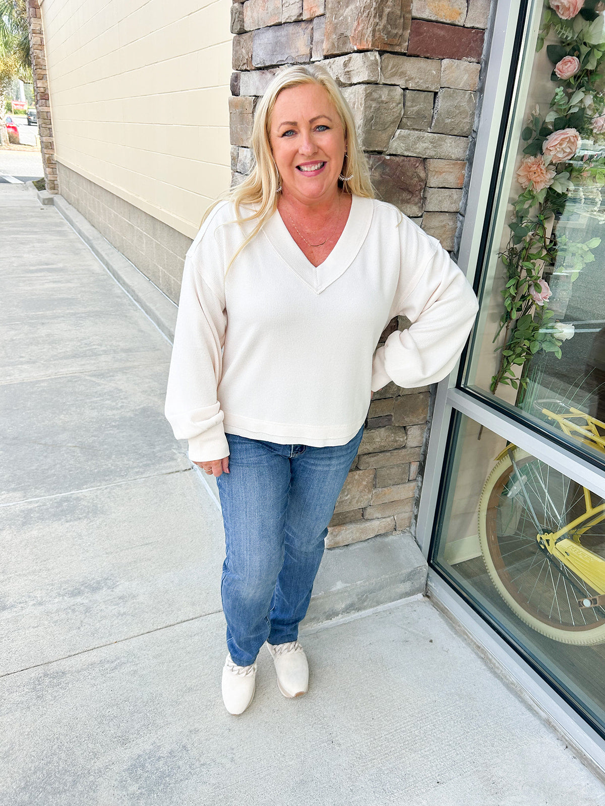 Fall Latte V-Neck Knit Top | Styled View