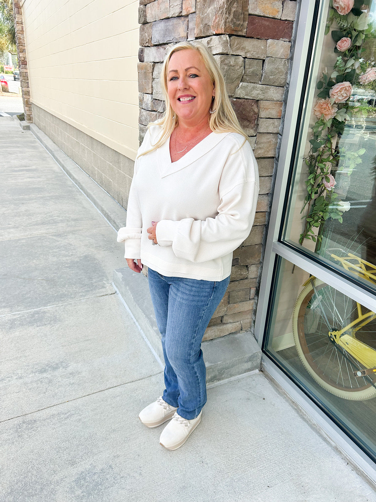 Fall Latte V-Neck Knit Top | Styled View