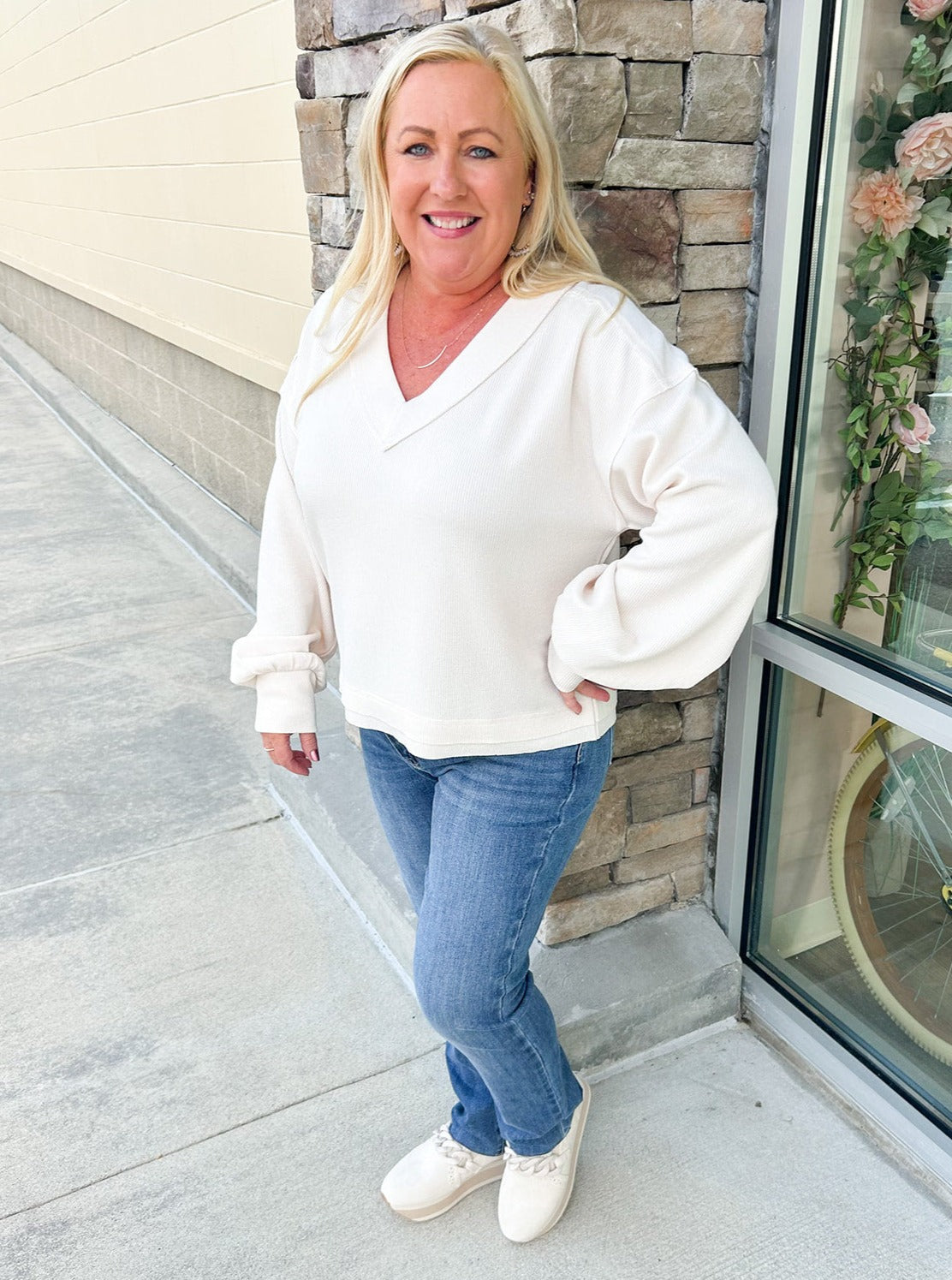 Fall Latte V-Neck Knit Top | Styled View
