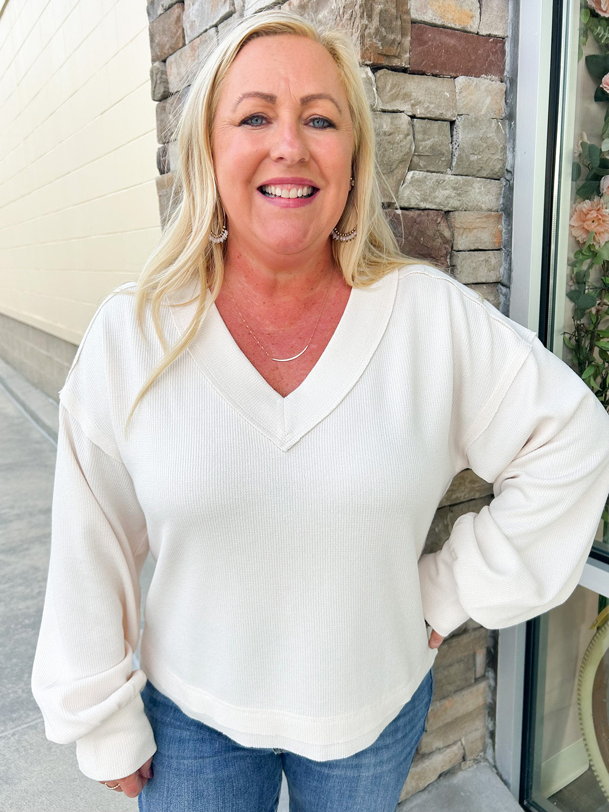 Fall Latte V-Neck Knit Top | Front View