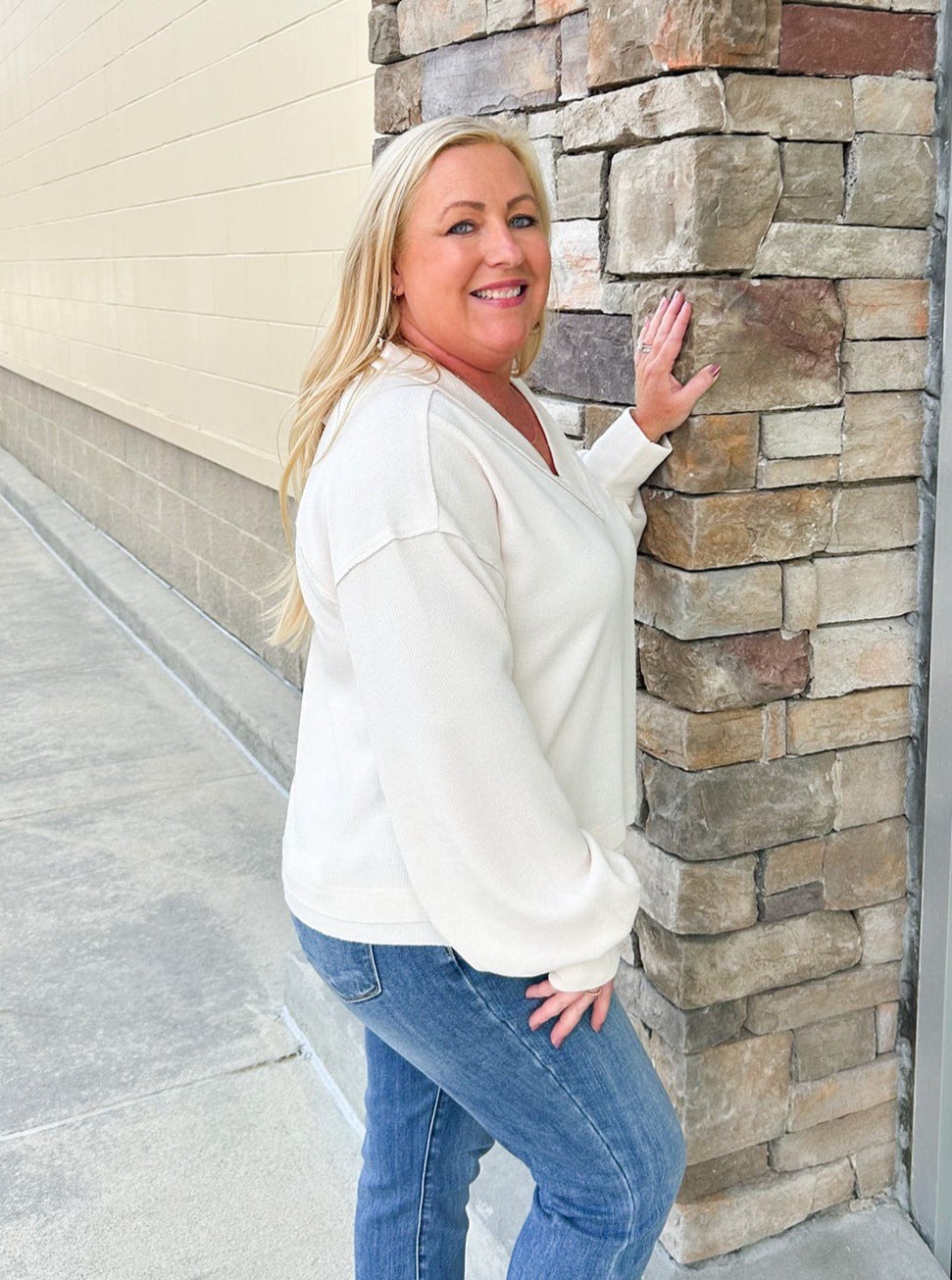 Fall Latte V-Neck Knit Top | Side View