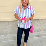 Striped cotton blouse with blue, pink, and white vertical stripes, short dolman sleeves, and button-down front
