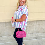 Striped cotton blouse with blue, pink, and white vertical stripes, short dolman sleeves, and button-down front