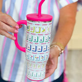 White glitter insulated 30oz mug with colorful mahjong tile print, comfort handle, and straw—durable, stylish, and game-night ready