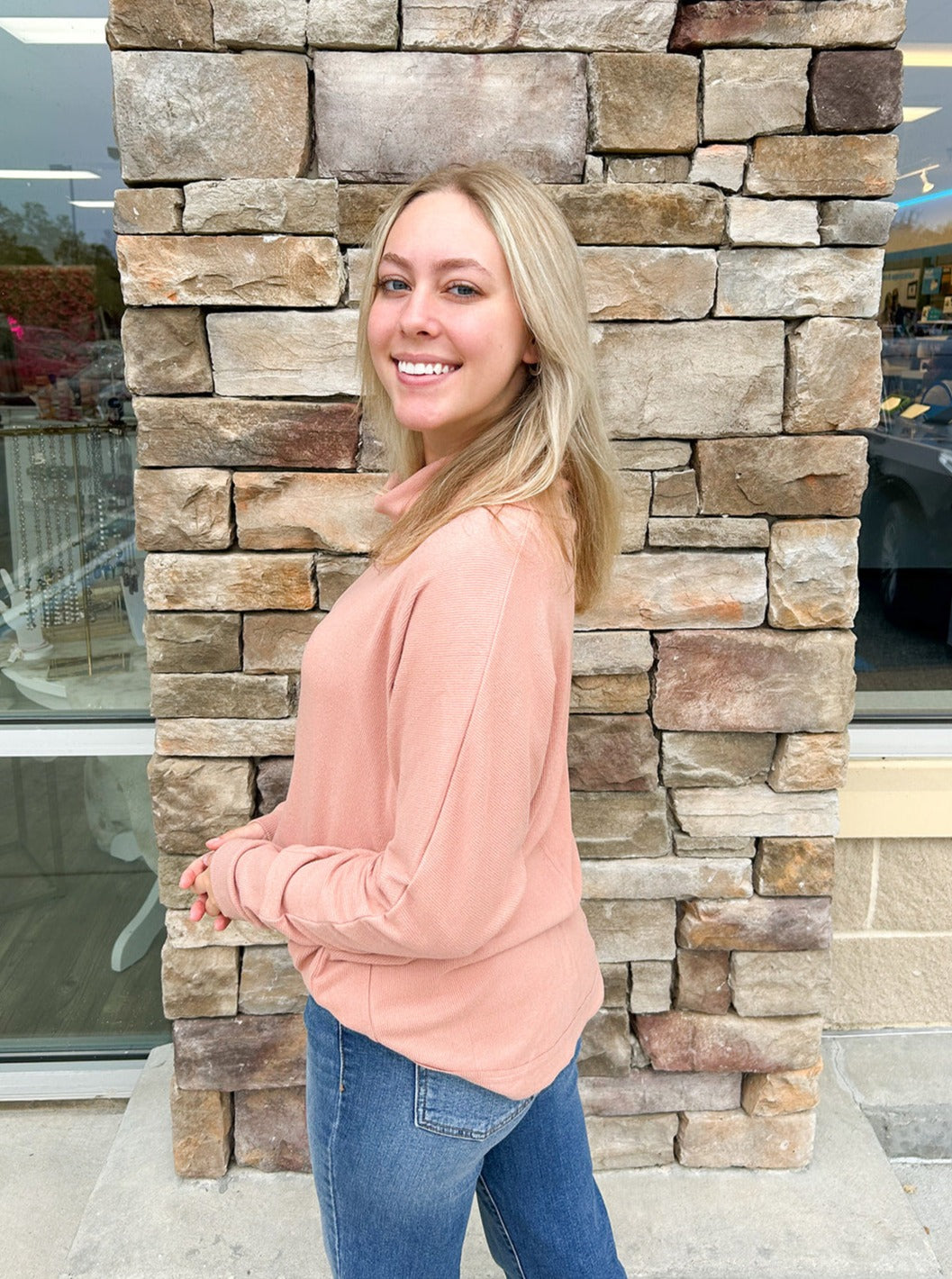 Pumpkin Spice Mock Neck Oversized Top | Side View