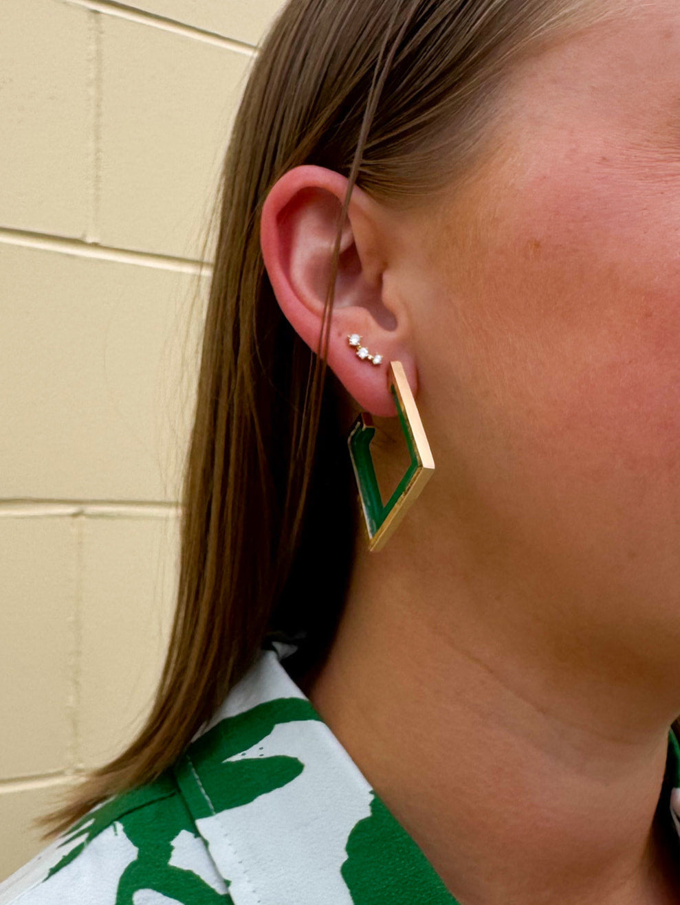 Green and gold squared wood hoop earrings with a modern, bold look—perfect for everyday or statement styling.