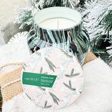 Capri Blue 19oz black candle jar with green and mint fir leaf holiday design, Crystal Pine scent.