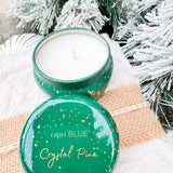 Capri Blue Crystal Pine 3oz mini tin candle in green and gold fleck design.