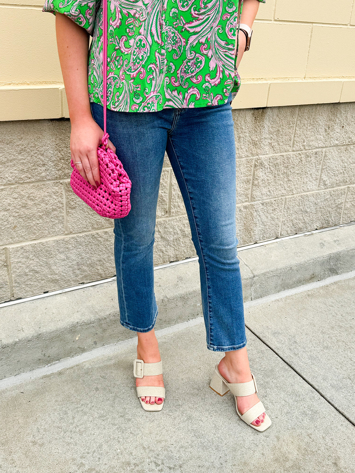 Midrise cropped flare jeans in Tekapo wash with five-pocket styling and slight stretch