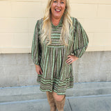 Olive mini dress with ruffled hem, striped trim, and pink/green earthy design