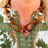 Chunky tortoise celluloid acetate link necklace with adjustable lobster clasp.