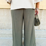 Fresh Breeze Frayed Wide Leg Linen Pants in Olive