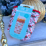 Pink neoprene iced cup Coolie with Christmas cameos and ribbon designs.