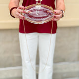 Clear Football shaped Stadium Purse with gold chain.
