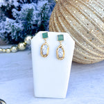 Green rectangular stone stud earrings with freshwater pearl dangle, handmade by Easton Elle.