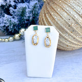 Green rectangular stone stud earrings with freshwater pearl dangle, handmade by Easton Elle.