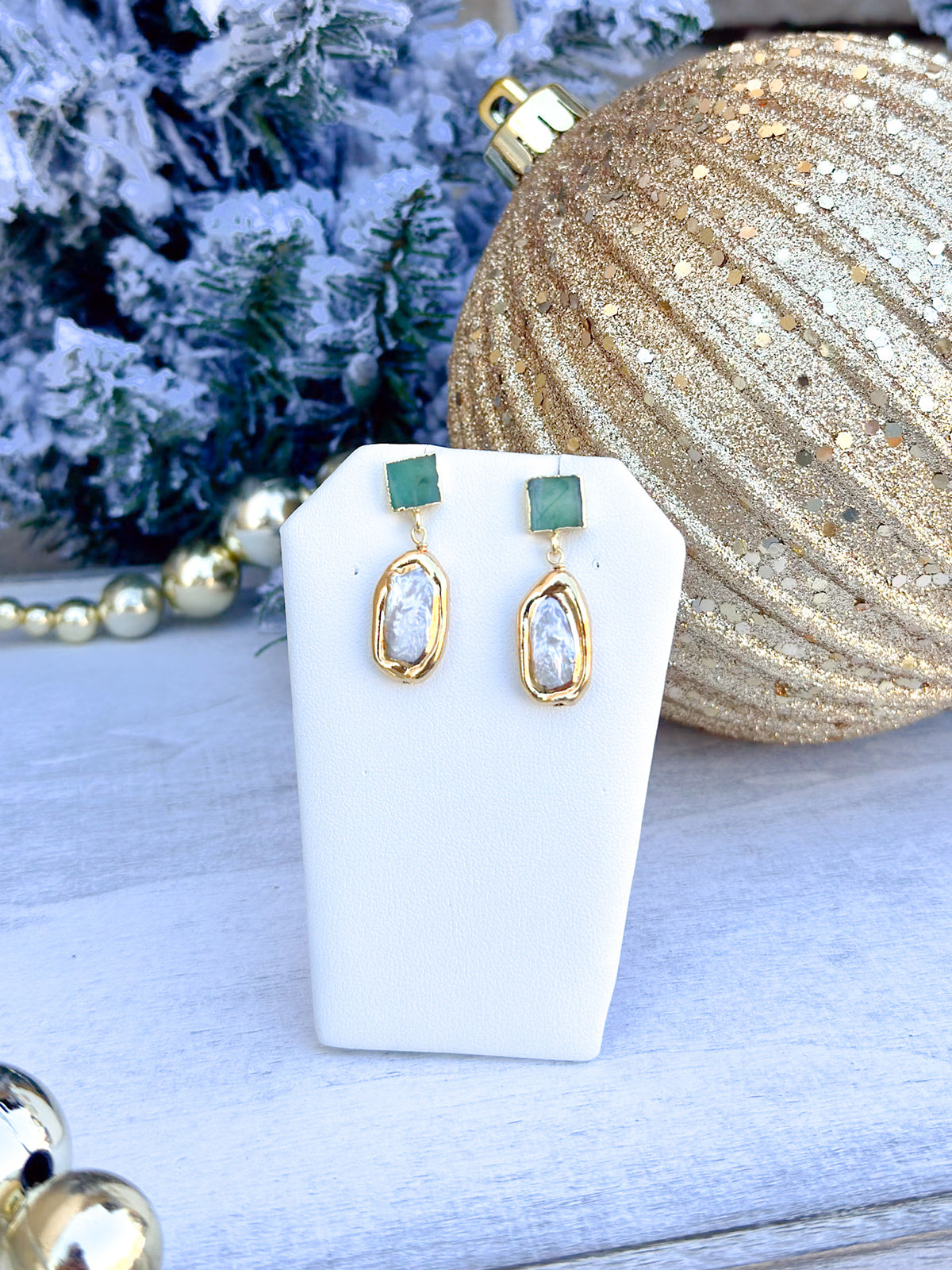 Green rectangular stone stud earrings with freshwater pearl dangle, handmade by Easton Elle.