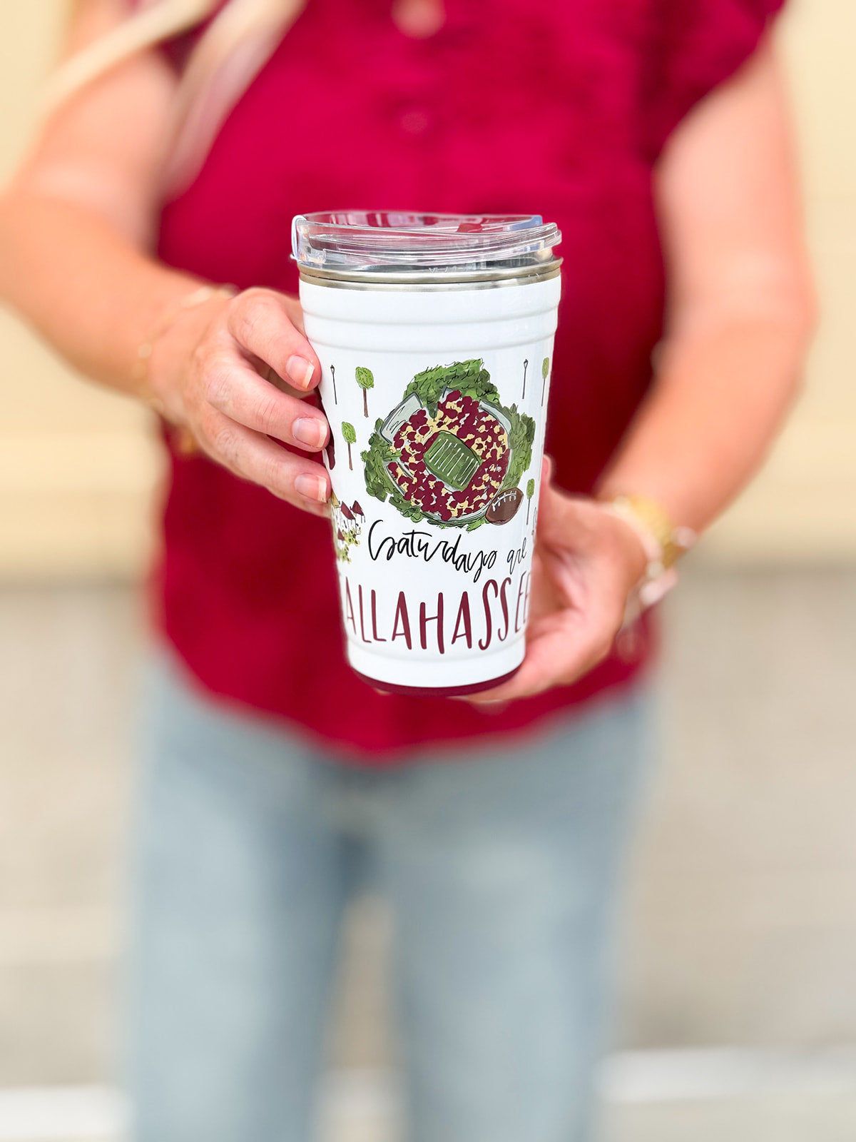 Swig brand 24oz insulated party cup featuring custom Tallahassee game day illustrations and a sliding lid