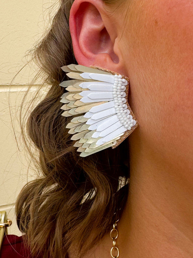 Layered feather-style earrings with white and gold sculpted plastic pieces. Bold, lightweight, and perfect for standout Gameday style.